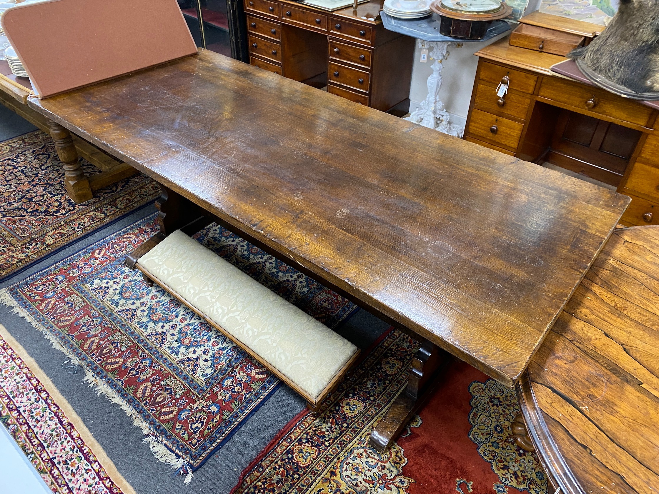 An 18th century style rectangular oak refectory dining table, length 213cm, width 91cm, height 76cm